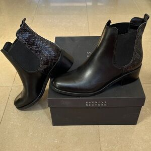 Barneys New York Black Leather Chelsea Boots with Snake-Print Heel Panels